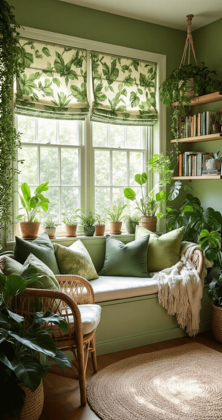 A cozy reading nook transformed into a green oasis with leaf-patterned shades, a plush window seat filled with green pillows, floating bookshelves, a large monstera plant, hanging plants, and a rattan armchair, all bathed in warm afternoon light.