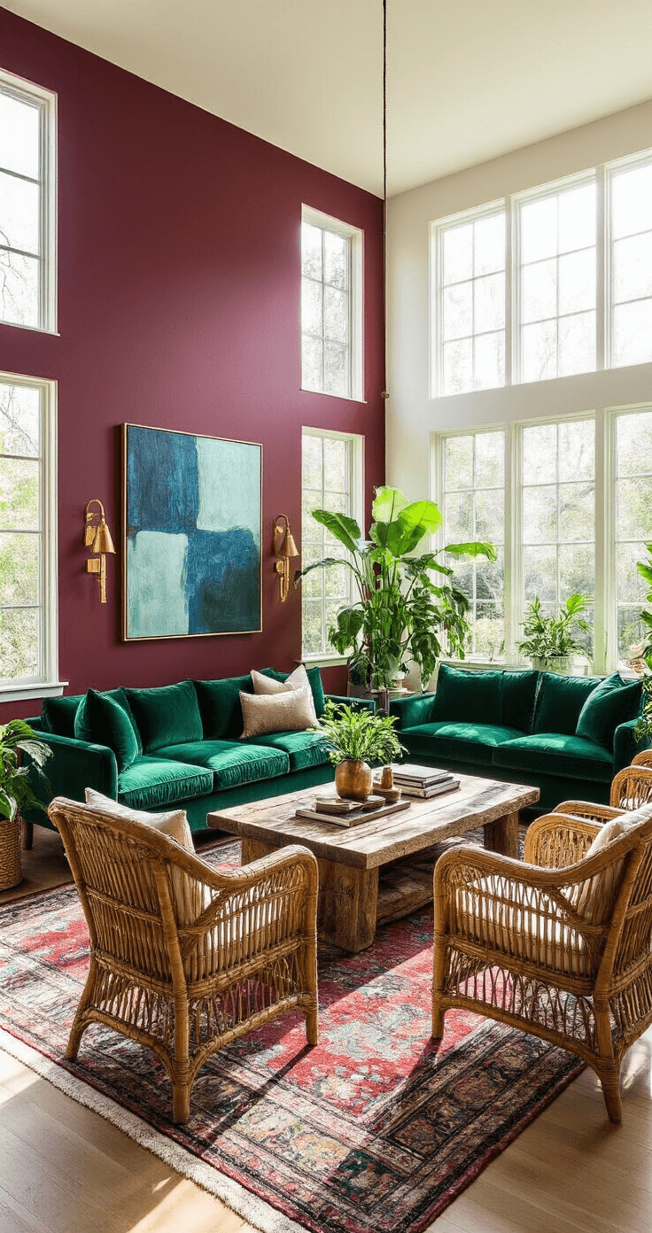 Spacious living room featuring a deep emerald green velvet sofa, burgundy accent wall, natural rattan armchairs, and a reclaimed wood coffee table, all illuminated by warm afternoon sunlight through floor-to-ceiling windows, with lush plants, layered jewel-toned rugs, an abstract painting, and brass accents creating an inviting atmosphere.