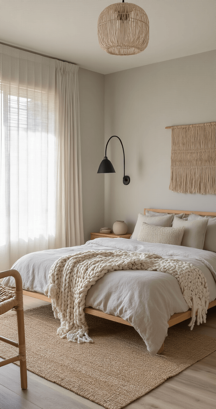 A cozy 12x12ft bedroom showcasing Japandi aesthetics, featuring a low-profile wooden bed with neutral linens, minimalist nightstands with ceramic lamps, a rattan reading chair, and natural textures like bamboo blinds and a jute rug, all illuminated by soft morning light.