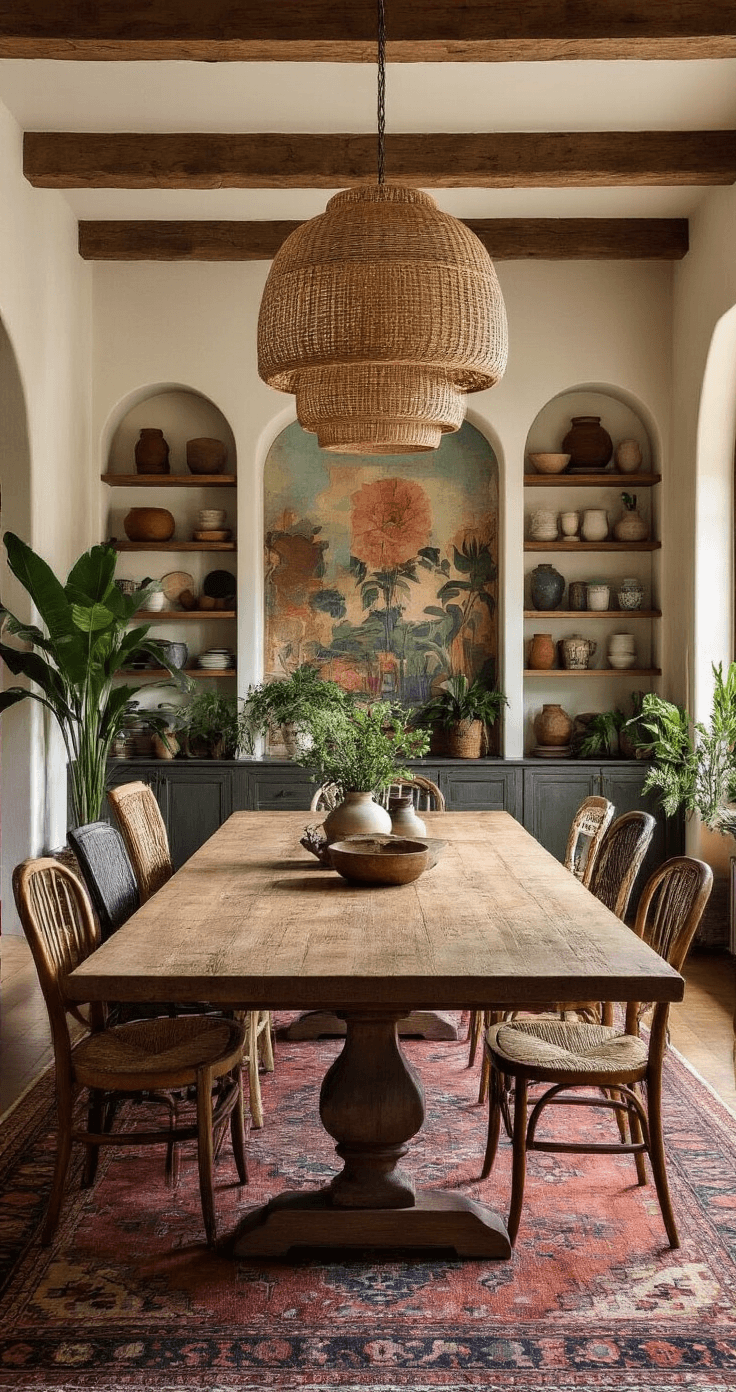 A bright and eclectic dining room featuring a large reclaimed wood table with mismatched vintage chairs, illuminated by warm late afternoon sunlight and an oversized rattan pendant light. Floor-to-ceiling built-in shelving displays a collection of ceramics and plants, while a colorful earth-toned mural adorns the opposite wall, all complemented by a vintage Persian rug underfoot.