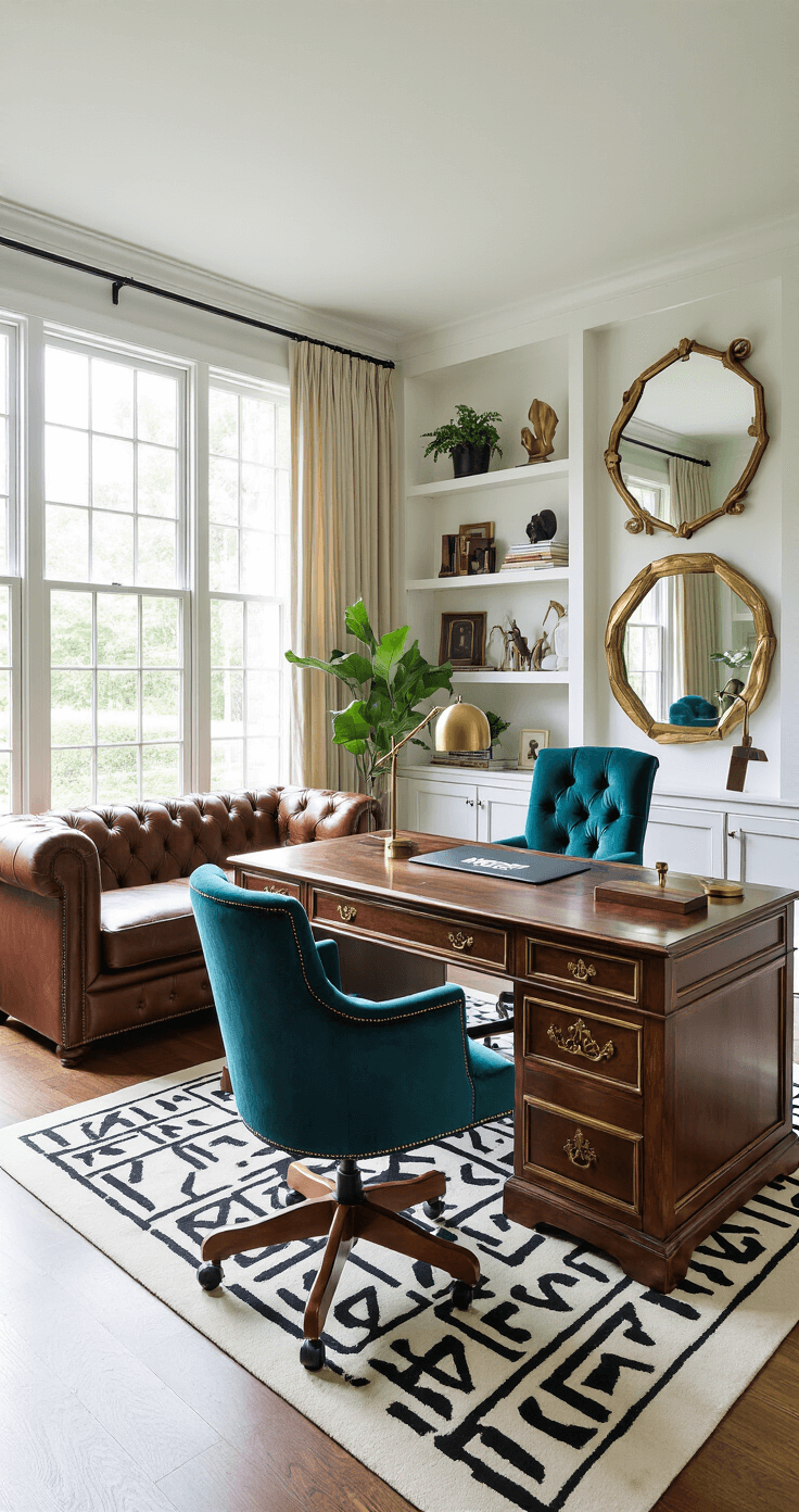 Luxurious home office featuring a large wooden desk with brass accents, a plush deep teal velvet chair, a gallery wall of decorative mirrors, a cognac tufted leather Chesterfield sofa, bookshelves with plants, and a bold black and white geometric rug, all illuminated by natural light from large windows.
