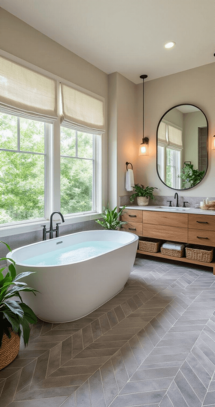 A serene spa-like bathroom featuring a freestanding oval bathtub, floor-to-ceiling windows with a view of lush greenery, natural stone herringbone tiles, a warm wood floating double vanity with black fixtures, and organic decor elements.