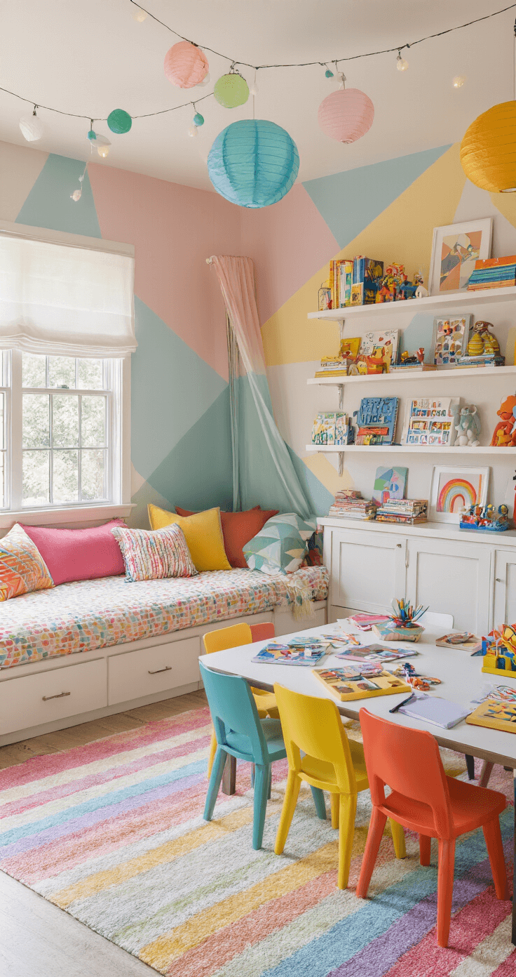 A vibrant playroom with a pastel geometric mural, cozy reading nook with a daybed and colorful pillows, open shelving for books and toys, a large craft table with mismatched chairs, a rainbow patterned rug, and whimsical lighting, all filled with warm late morning light.