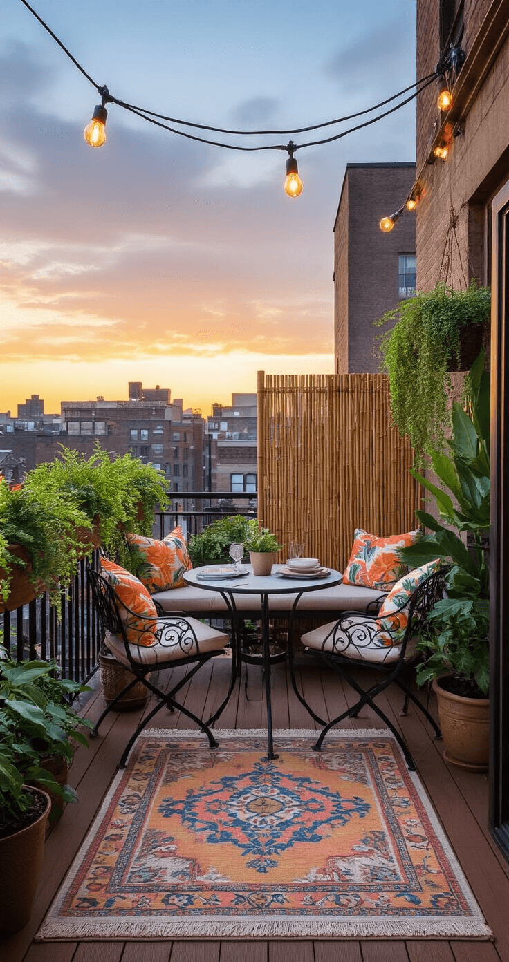Intimate urban balcony transformed into an oasis at sunset, featuring a bistro table with tropical cushions, cascading plants, potted trees for privacy, bamboo screen, warm wood-toned decking, and crisscrossed string lights, with a colorful outdoor rug and city skyline backdrop.