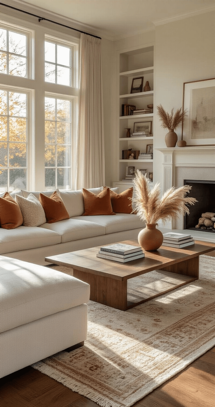 A sun-drenched living room with large bay windows, featuring a plush ivory sectional, walnut coffee table with art books and pampas grass, rich hardwood floors, and built-in bookshelves, all bathed in warm golden afternoon light.