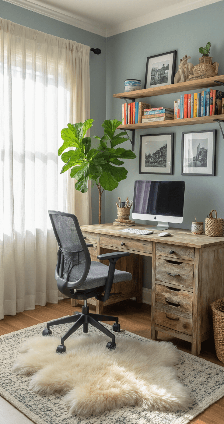 A cozy home office nook featuring a vintage wooden desk, modern ergonomic chair, colorful open shelving, a fiddle leaf fig tree, pale blue-grey walls with black and white photographs, and a plush sheepskin rug, all bathed in soft morning light.