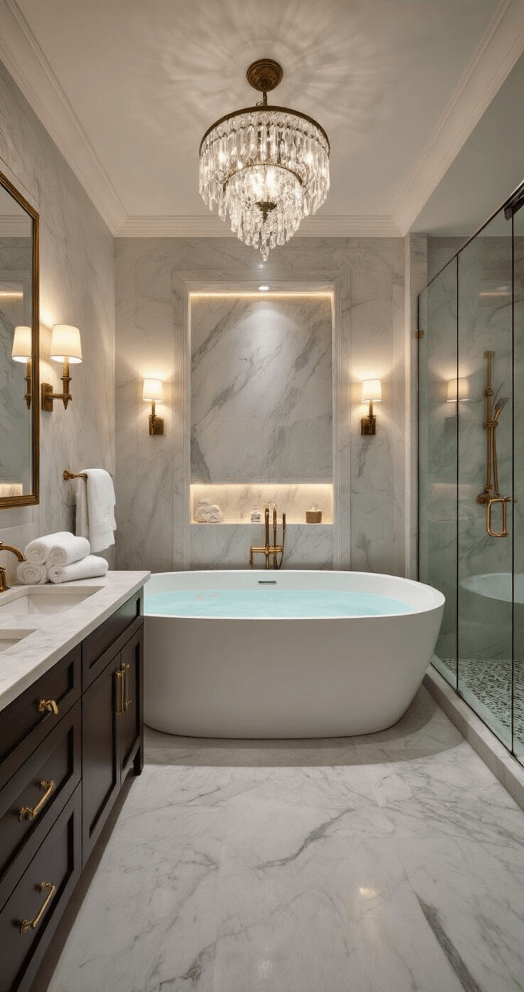 Luxurious master bathroom featuring a freestanding matte white bathtub, dark wood double vanities with brass hardware, and a glass shower enclosure, all illuminated by ambient lighting and a crystal chandelier, set against marble tiles with soft grey veining.