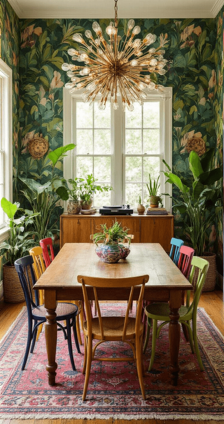 A vibrant dining room featuring a long reclaimed wood table surrounded by mismatched jewel-toned chairs, bold tropical print wallpaper, a dramatic sputnik chandelier, colorful ceramics on a mid-century sideboard, layered rugs, and large potted plants in woven baskets, captured from one end of the table.