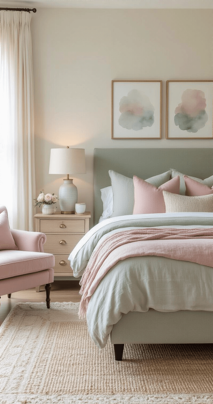 A serene bedroom retreat featuring a king-size bed with luxurious linen bedding in soft greys and blush pinks, an upholstered sage green headboard, light oak nightstands with ceramic table lamps, a cozy reading nook with a plush velvet armchair and brass floor lamp, abstract watercolor prints on the walls, and a jute rug underfoot, all bathed in soft diffused light.