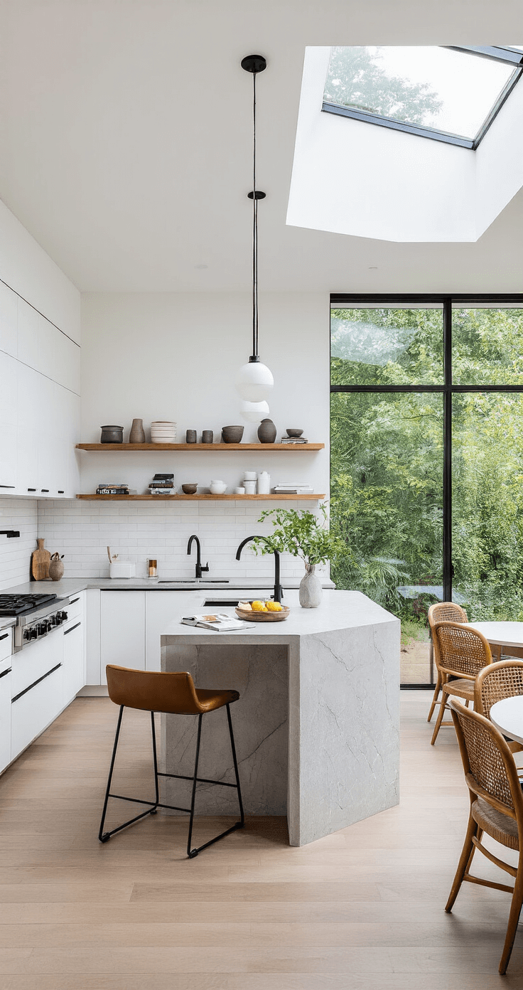 A modern open-concept kitchen with sleek white cabinetry, concrete countertops, and a veined quartz waterfall island, featuring matte black fixtures, a wall of floor-to-ceiling windows, floating wooden shelves, and a cozy breakfast nook, all bathed in natural light from skylights.