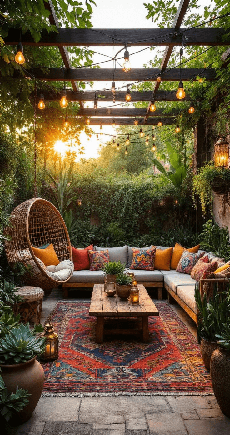 A bohemian outdoor patio at golden hour, featuring string lights, vintage and modern furniture, a hanging rattan chair, a low sectional with Moroccan cushions, a reclaimed wood coffee table, potted succulents, and a vibrant kilim rug, framed by a vine-covered pergola.