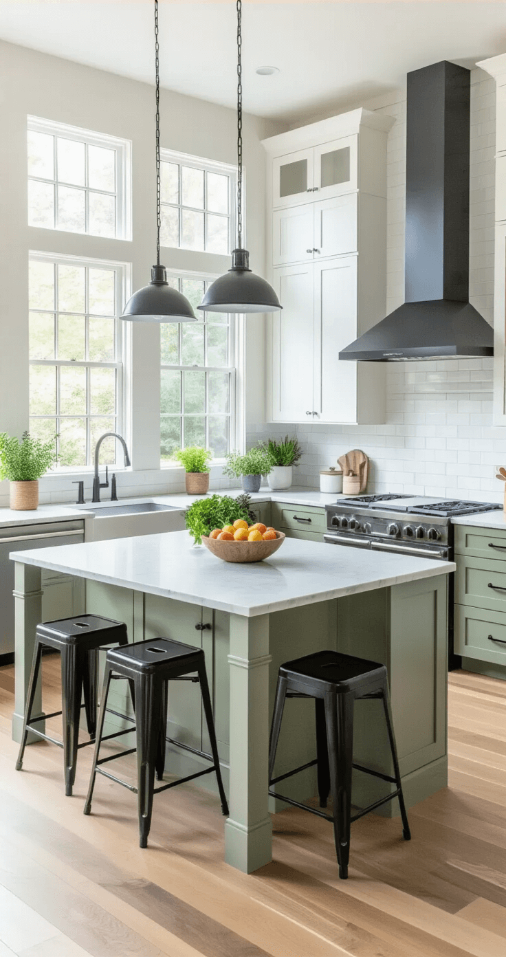 A spacious open-concept kitchen with high ceilings, featuring black stainless steel appliances, white shaker cabinets, a sage green island with marble countertop, and hardwood floors, warmly lit by morning light.