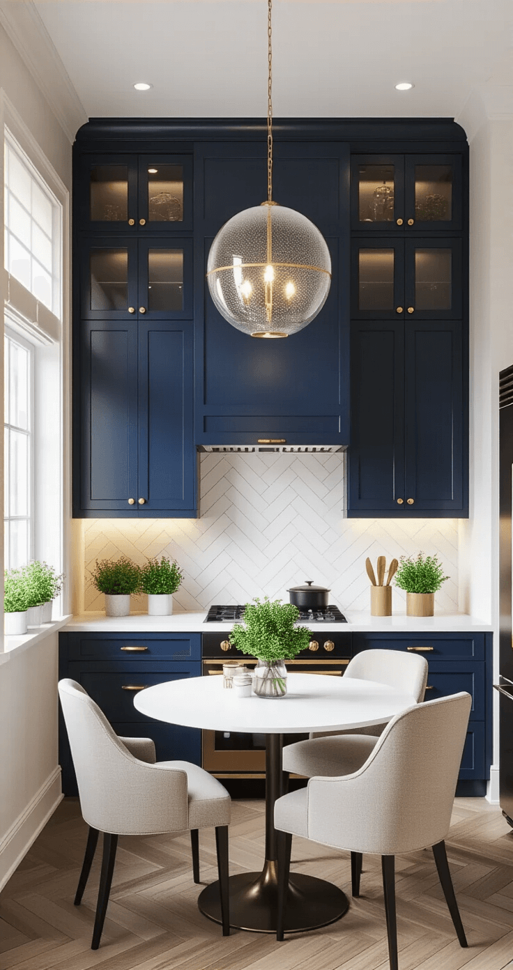 Elegant L-shaped kitchen with navy blue cabinets, brass hardware, and black stainless steel appliances. Features a white quartz waterfall countertop, herringbone white marble backsplash, and a modern glass chandelier over a dining nook with a round table. Recessed and accent lighting create a warm evening ambiance, highlighted by potted herbs on the windowsill. Shot from above showcasing the layout.