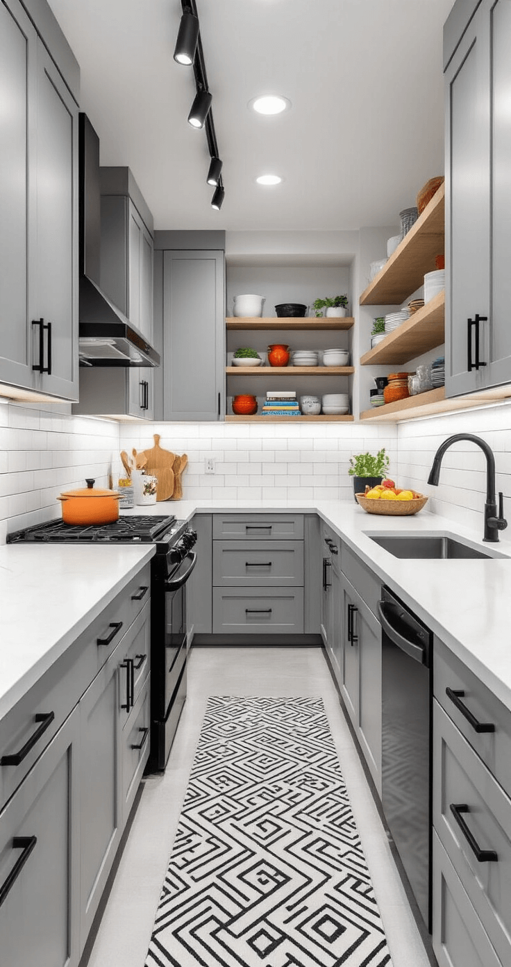 Contemporary galley kitchen featuring light gray flat-panel cabinets, black stainless steel appliances, white concrete countertops, and glossy white penny tile backsplash, enhanced by open shelving with colorful cookbooks, sleek black faucet, and geometric patterned runner, all showcased under track lighting.