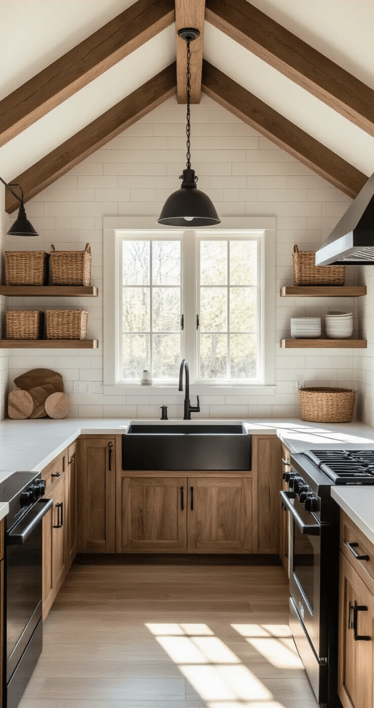 A rustic-modern kitchen featuring vaulted ceilings, exposed wooden beams, natural walnut cabinets, black stainless steel appliances, cream quartz countertops, a white subway tile backsplash, a farmhouse sink, industrial pendant lights, and woven baskets for storage, illuminated by soft late afternoon sunlight.