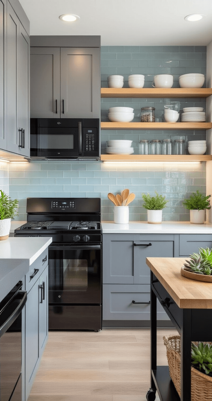 A compact kitchen featuring medium gray Shaker-style cabinets, black stainless steel appliances, white solid surface countertops, and a pale blue glass tile backsplash. Open shelving displays white dishware, while a kitchen cart with a butcher block top provides extra workspace. Potted succulents decorate the space, complemented by under-cabinet lighting that highlights the efficient layout and fresh atmosphere.