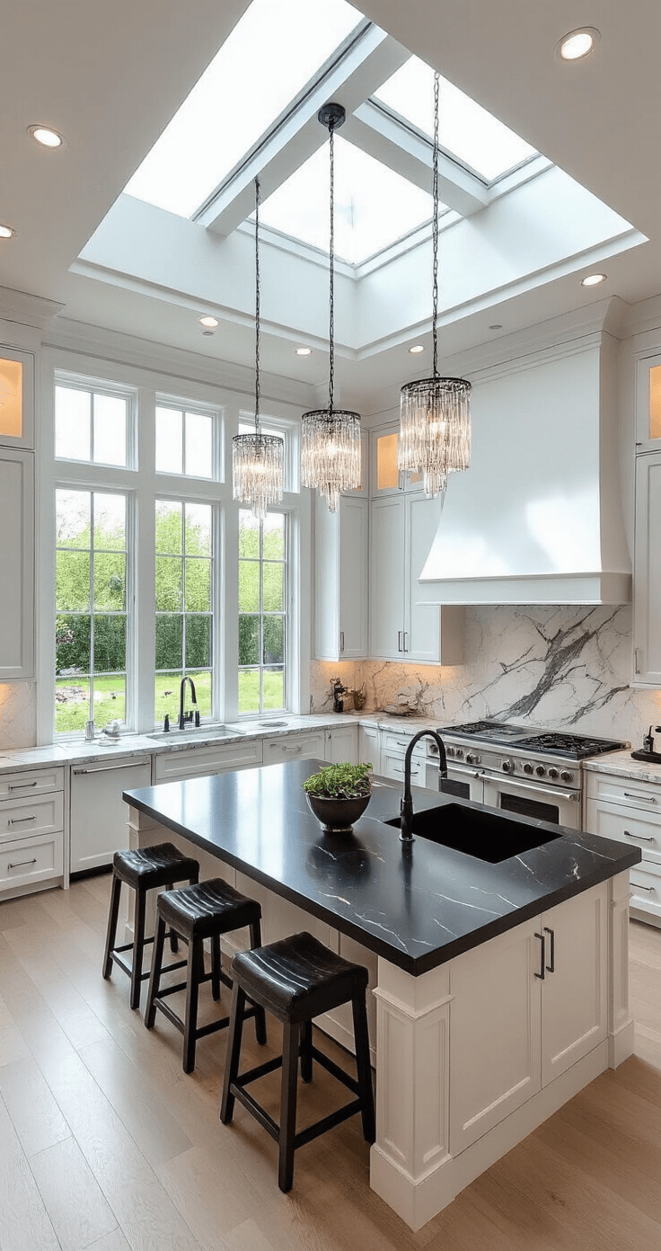 Aerial view of a luxurious chef's kitchen featuring white high-gloss cabinets, black stainless steel appliances, and a large center island with a black granite countertop. Crystal pendant lights and recessed lighting enhance the upscale atmosphere, while large-format marble tiles form the backsplash and a wall of windows provides a view of a manicured garden.