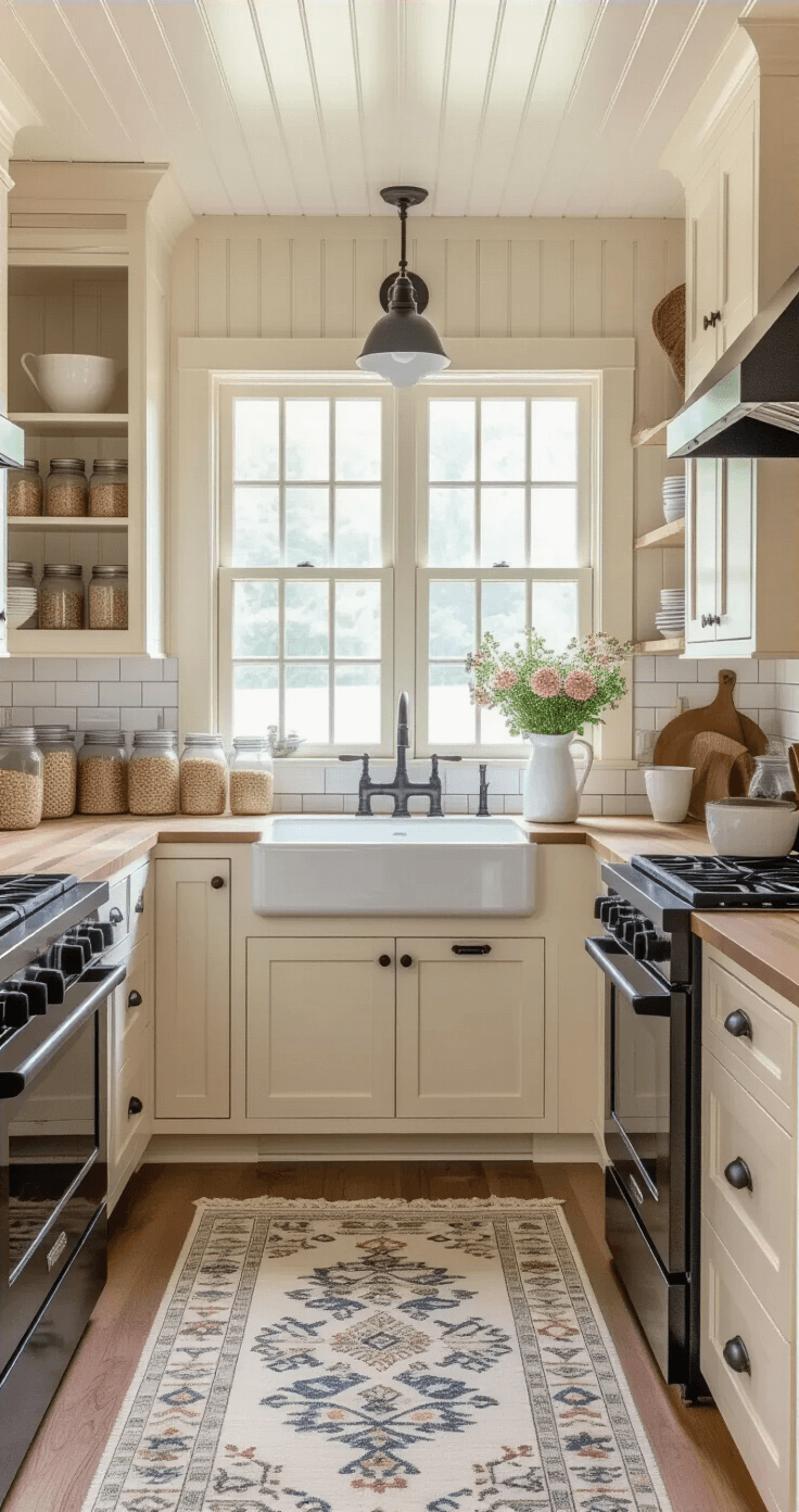 Cozy cottage kitchen with beadboard ceilings, bay window, cream-colored cabinets, black stainless steel appliances, butcher block countertops, white ceramic tile backsplash, vintage rug, mason jars on open shelves, and fresh flowers on the windowsill, bathed in soft, natural light.