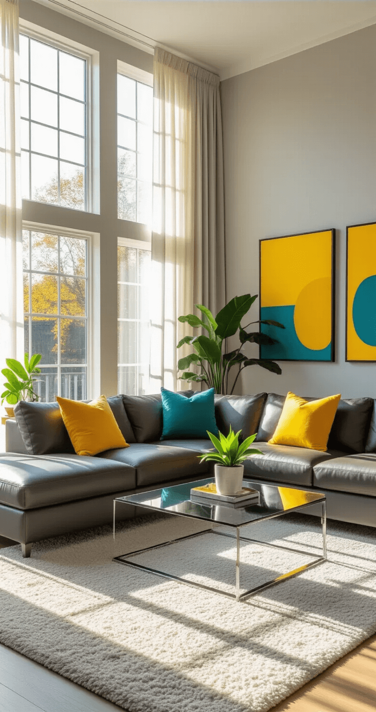 A spacious living room featuring a charcoal leather sectional with colorful throw pillows, a glass coffee table, and large bay windows, all bathed in warm afternoon sunlight.