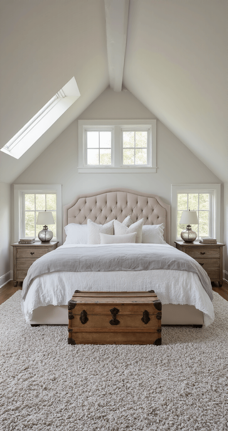 A serene and dreamy bedroom featuring sloped ceilings and dormer windows, bathed in soft morning light. The cozy space includes a king-size tufted blush headboard bed, layered in white and grey linens, with weathered wood nightstands and mercury glass lamps. A vintage trunk at the foot of the bed and soft pink and grey watercolor prints on the walls complete the intimate atmosphere.