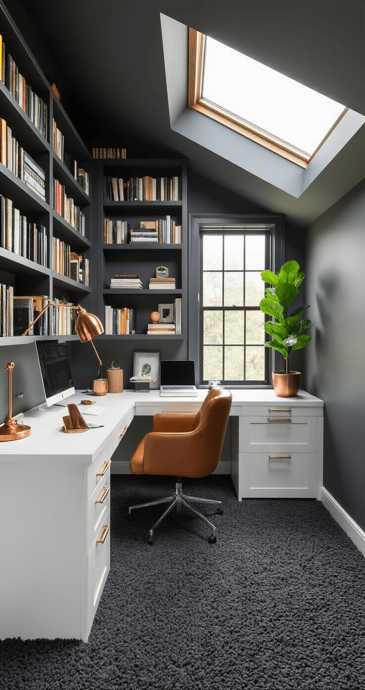 Aerial view of a compact home office with built-in bookshelves, a sleek white desk, cognac leather chair, and copper accents, illuminated by midday sunlight streaming through a skylight, casting dramatic shadows on a dark grey carpet.