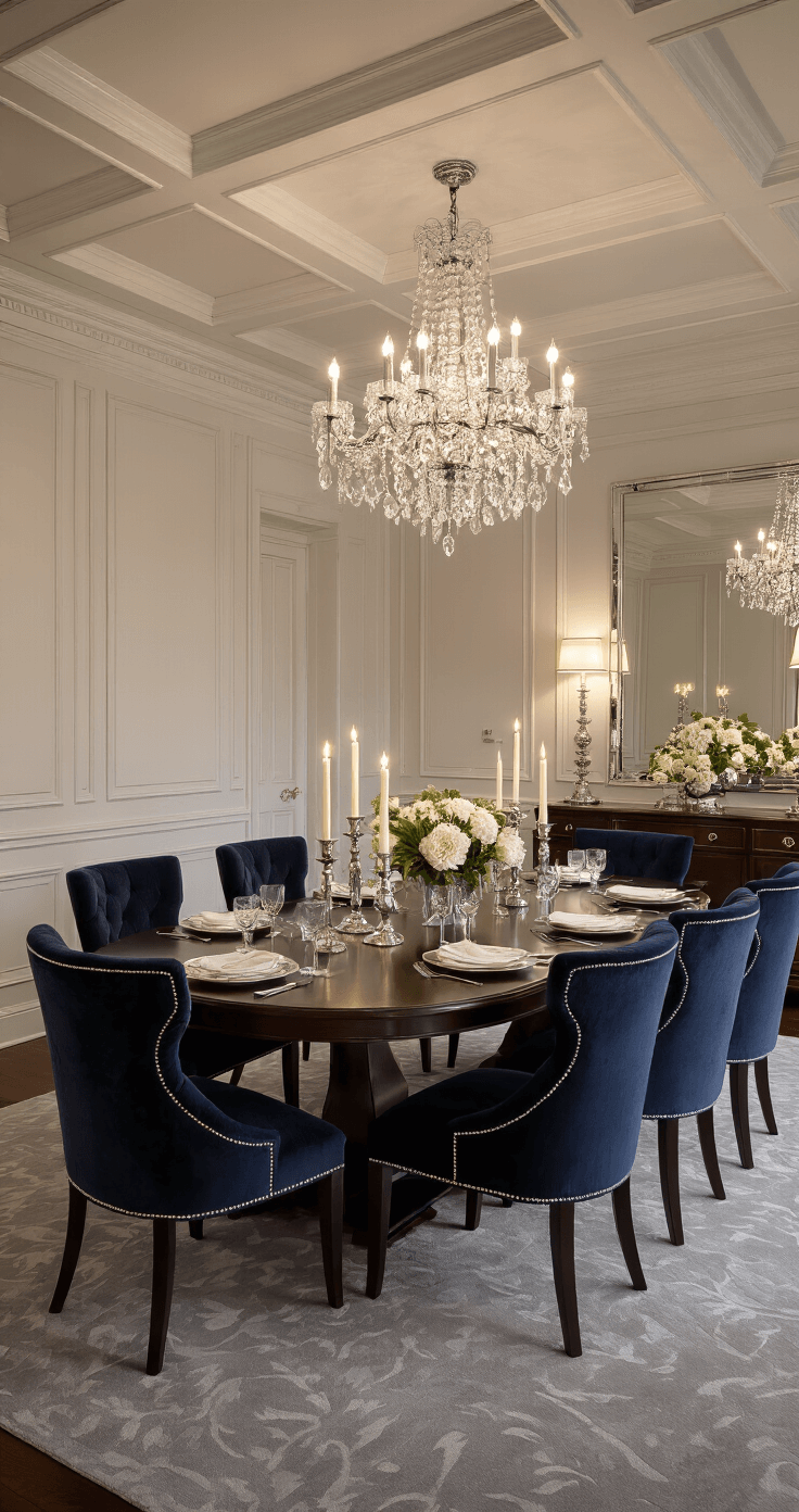 A luxurious dining room with wainscoting and a coffered ceiling, featuring an oversized oval dark walnut table surrounded by navy velvet chairs, a crystal chandelier, and warm candlelight, creating an elegant, inviting atmosphere for an evening soiree.