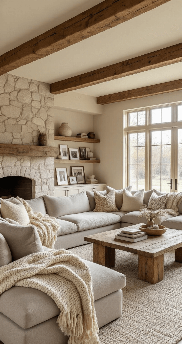 A cozy family room featuring exposed wooden beams, an oversized oatmeal linen sectional with knit throws and patterned pillows, a rustic reclaimed wood coffee table, built-in shelves with family photos, and a stone fireplace, all bathed in warm golden hour light.