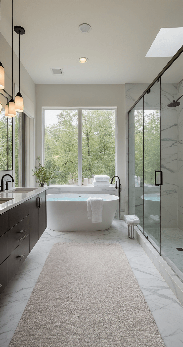 Chic master bathroom featuring a freestanding soaking tub, large windows with moonlight, light grey carpet, dark wood floating double vanity with vessel sinks, pendant lights, walk-in shower, plush towels, and cascading orchid, captured from the doorway in a serene and luxurious ambiance.