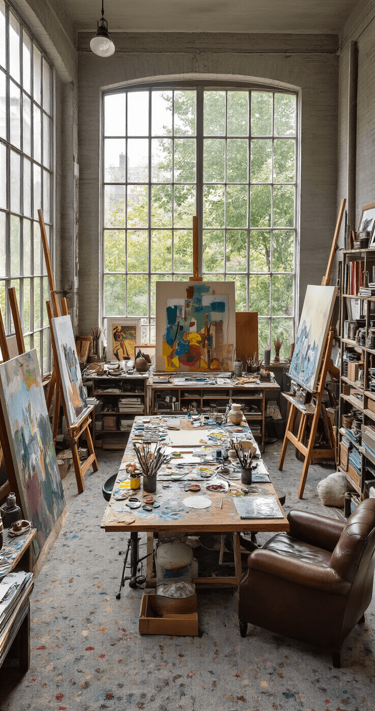 A bird's-eye view of an eclectic artist's studio filled with daylight from north-facing windows, featuring a central work table cluttered with paints and brushes, scattered easels, vibrant shelving units, and a cozy vintage leather armchair in a creative and slightly chaotic atmosphere.