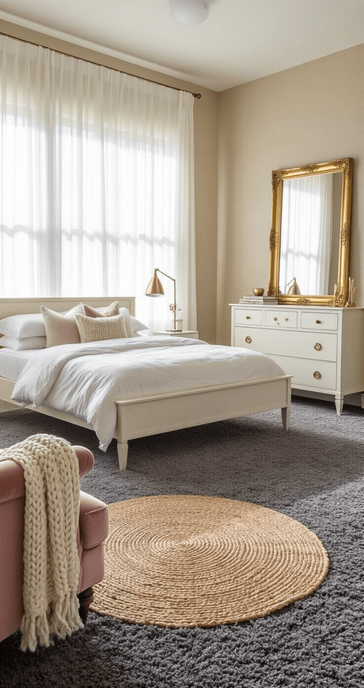 Spacious bedroom featuring a king-size bed with pale wood frame, soft beige walls, dark grey plush carpet, and early morning sunlight through sheer white curtains, with a white dresser, large gold-framed mirror, dusty pink velvet armchair, chunky knit throw, round jute rug, and metallic accents.