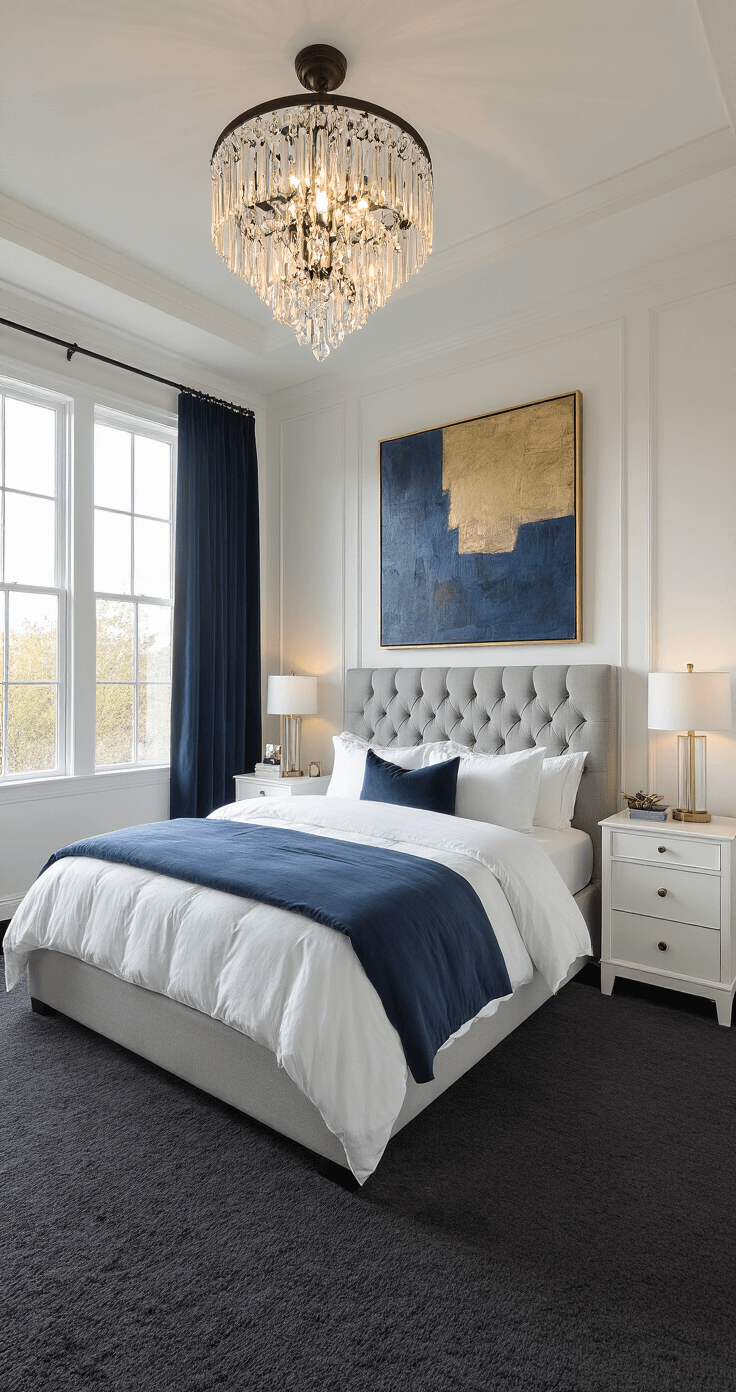 A cozy 12x12 ft bedroom featuring a queen-size bed with a tufted light grey headboard, white nightstands, and an elegant chandelier, all illuminated by warm golden hour light. Navy blue velvet curtains adorn floor-to-ceiling windows, while a large abstract painting in blue and gold adds visual interest above the bed.