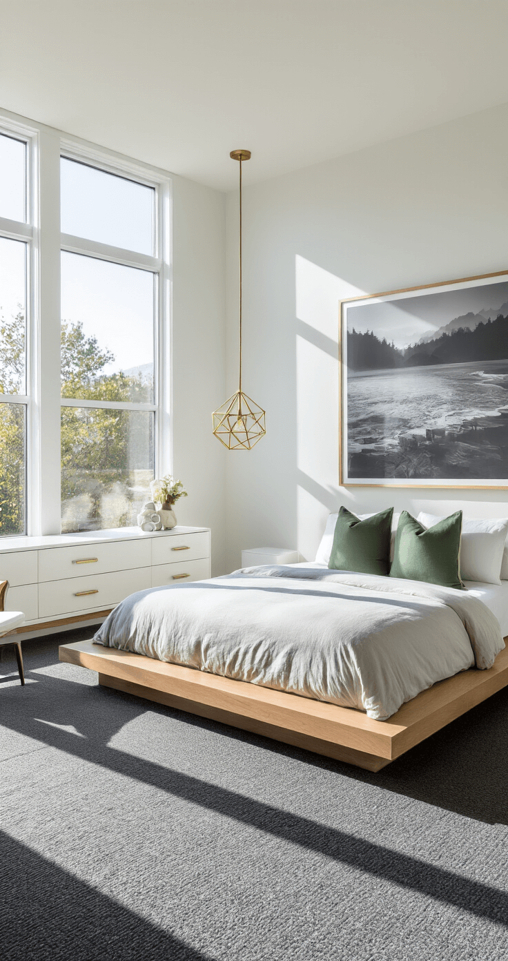 A contemporary master bedroom featuring dark grey carpet, floor-to-ceiling windows, a light oak platform bed with a black and white photograph above, a white dresser with gold hardware, muted sage green accents, and a geometric brass pendant light.
