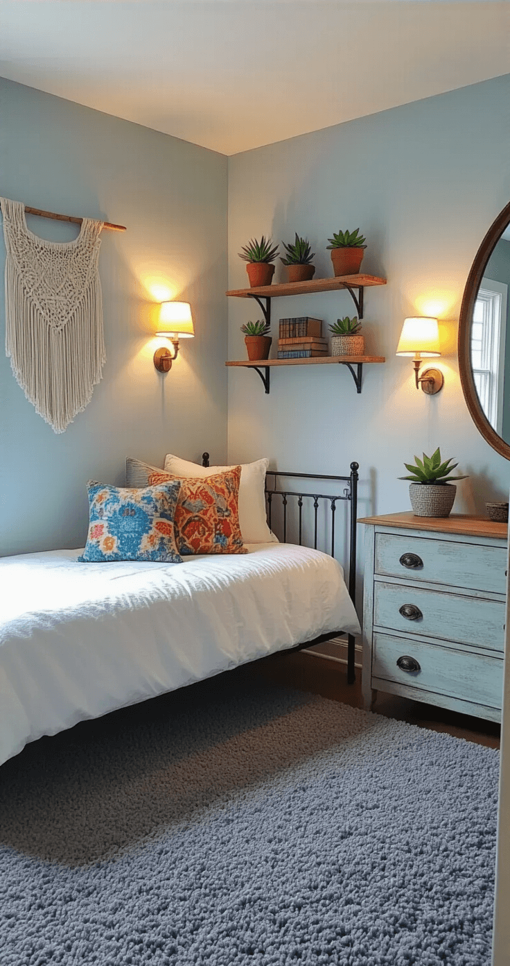 Cozy guest bedroom with charcoal grey carpet, pale blue walls, wrought iron daybed with white duvet and boho pillows, floating shelves with succulents and vintage books, distressed wood dresser with round mirror, softly illuminated by twin sconces.