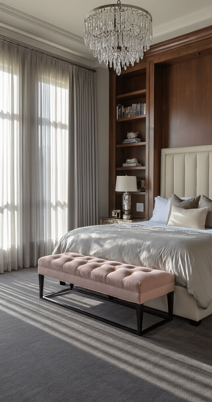 Luxurious primary bedroom featuring dark grey carpet, sheer grey curtains, California king bed with cream headboard, mirrored nightstands with mercury glass lamps, blush pink tufted bench, floor-to-ceiling walnut bookshelves, and a crystal chandelier in a coffered ceiling, all captured from a high corner angle.
