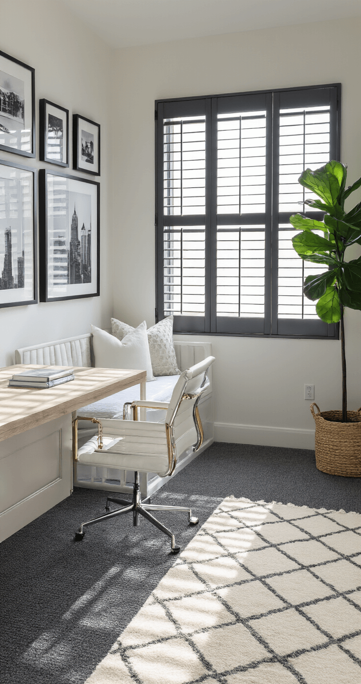 A stylish home office and guest room featuring charcoal grey berber carpet, a white metal daybed with brass accents, a light ash wood desk facing plantation shutters, a sleek white office chair, and a gallery wall of black and white photography, complemented by a fiddle leaf fig tree and a geometric cream and grey area rug. Bright midday sunlight enhances the room's airy ambiance.