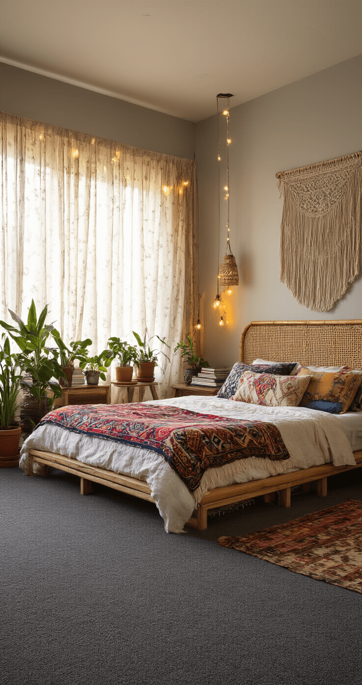 A cozy bohemian bedroom featuring a low platform bed with a rattan headboard, colorful pillows, and a Moroccan blanket, illuminated by golden hour light through sheer patterned curtains. Mismatched wooden side tables, eclectic lamps, and potted plants enhance the warm, inviting atmosphere. A macramé wall hanging creates a focal point, with string lights adding a soft glow. The low camera angle provides an intimate perspective of the 12x14 ft space.