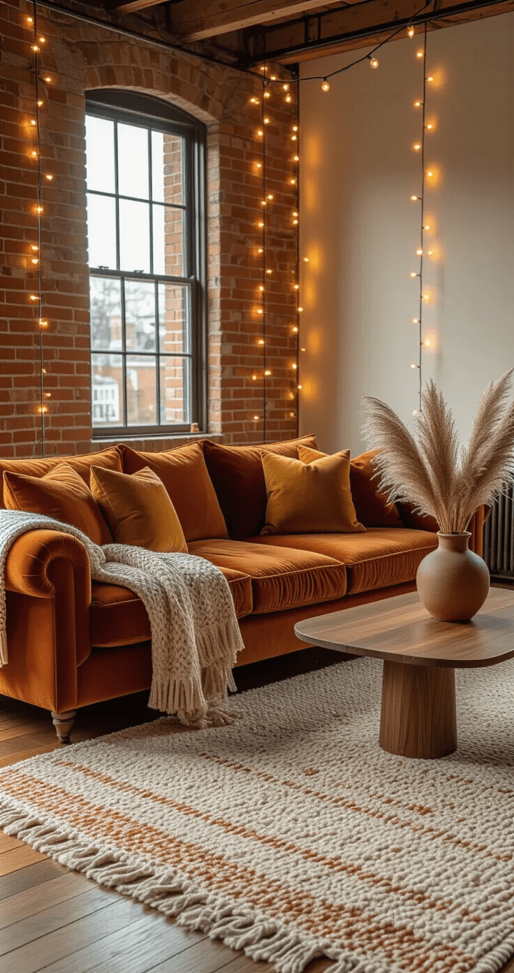 A cozy living room with exposed brick walls and hardwood floors, featuring a rust-colored velvet sofa adorned with mustard and caramel throw pillows, a chunky knit blanket, and a walnut coffee table with a ceramic vase of dried pampas grass. Warm LED string lights hang from the ceiling, illuminating a cream and terracotta wool area rug, all captured in soft, diffused lighting.