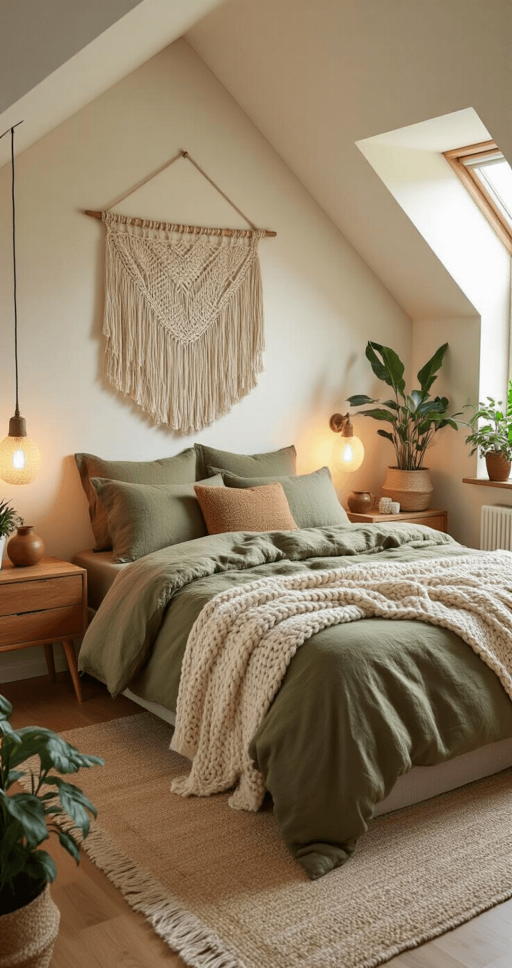 A cozy 10x12 ft bedroom with a sloped ceiling featuring a queen-sized bed in earthy tones, mismatched wooden nightstands with ceramic lamps, a chunky knit throw, a macramé wall hanging, and potted plants in sunny corners, illuminated by soft ambient lighting.