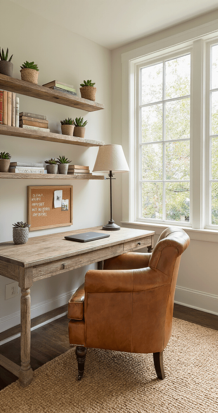 A cozy home office nook featuring a leather armchair and weathered oak desk, illuminated by morning light from a large window. Floating shelves hold books and succulents, with a jute rug on the hardwood floor and a floor lamp in the corner. Inspirational quotes adorn a cork board on the wall.