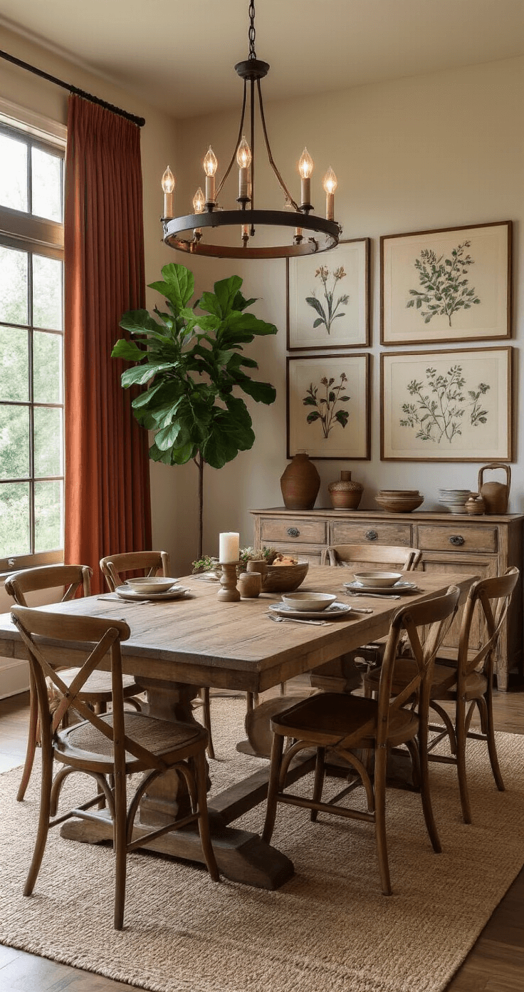 A cozy 14x16 ft dining room featuring a large distressed wood farmhouse table surrounded by mismatched chairs, illuminated by a statement chandelier. A sideboard displays eclectic ceramics and candles, with rich terracotta curtains framing large windows. A gallery wall of vintage botanical prints and a fiddle leaf fig tree enhance the inviting atmosphere, captured from a slightly elevated angle.