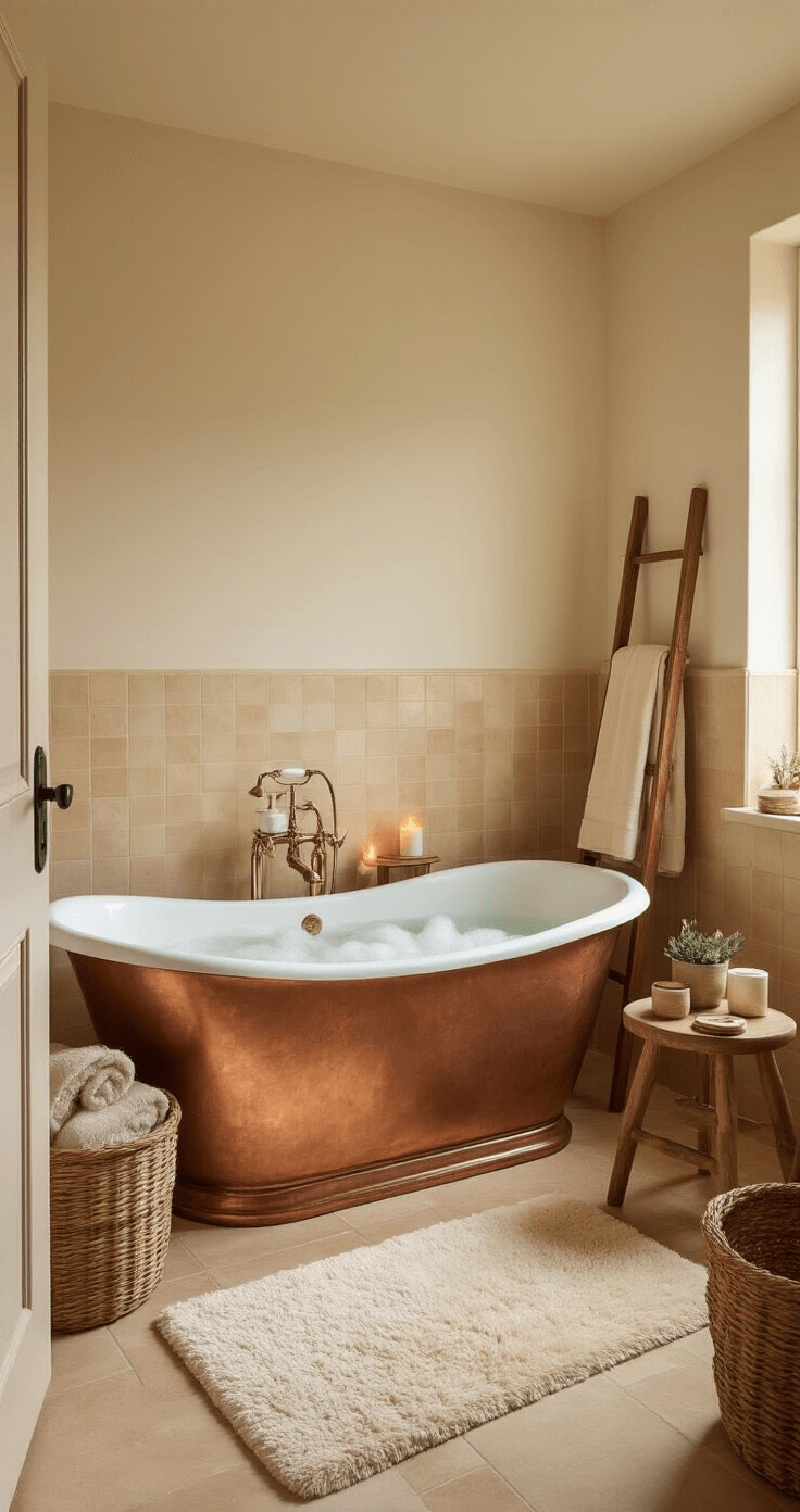 A serene 8x10 ft bathroom featuring a freestanding copper bathtub filled with bubbles, warm beige tiles, creamy white walls, and soft morning light, complemented by candles, plush towels, and natural decorations.