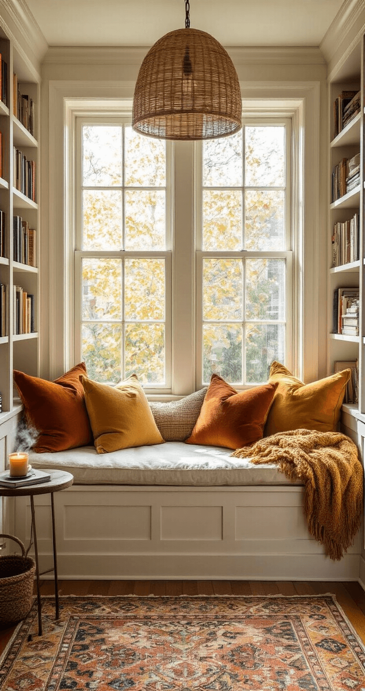 A cozy reading nook in a bay window, filled with pillows in warm hues, built-in bookshelves, and a small side table with tea, illuminated by late afternoon sunlight and a woven pendant light.