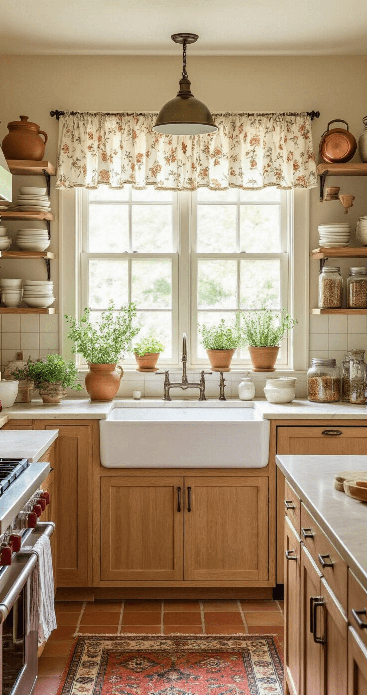 A bright and inviting kitchen featuring warm wooden cabinets, creamy quartz countertops, a farmhouse sink, open shelving with earthenware pottery, a large island with a butcher block top, hanging copper pots, and fresh herbs on the windowsill, illuminated by morning light.