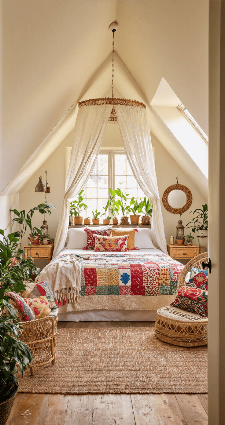 A cozy 10x12 ft bedroom with sloped ceilings and a dormer window, featuring a canopy bed adorned with a kantha quilt, mismatched nightstands with lanterns, a rattan peacock chair with pillows, potted plants on the windowsill, and a circular woven mirror, all bathed in warm morning light.