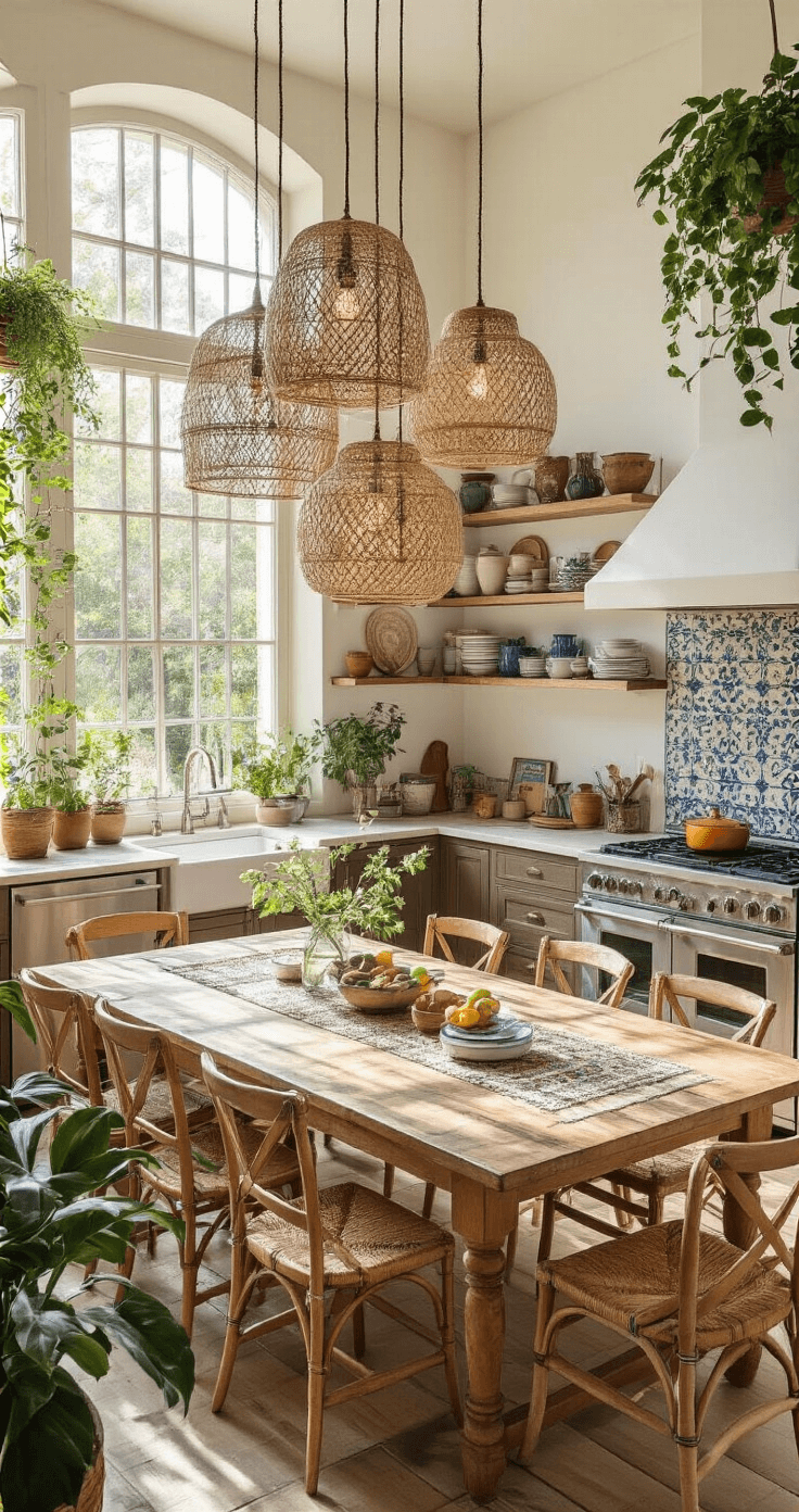 A spacious open-concept kitchen and dining area featuring high ceilings, large windows, handmade ceramics on open shelving, a large farmhouse table with vintage chairs, woven pendant lights, cascading trailing plants, and a Moroccan-inspired tile backsplash, captured in a wide-angle shot from above.
