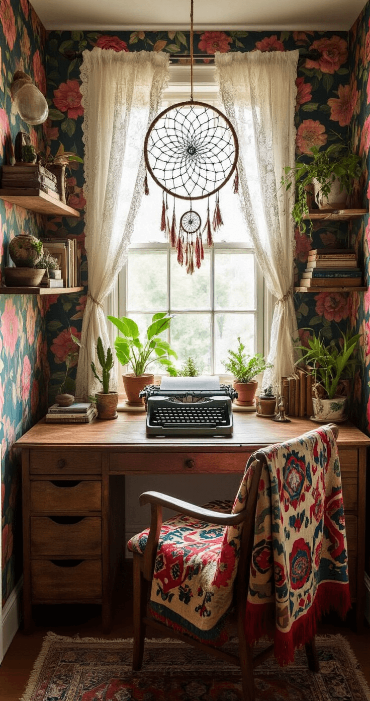 A cozy home office nook in a bay window, featuring a rustic wooden desk with a vintage typewriter and curios, colorful suzani fabric draped on a chair, floating shelves filled with books and plants, a large dreamcatcher casting shadows, and bold floral wallpaper in deep jewel tones.