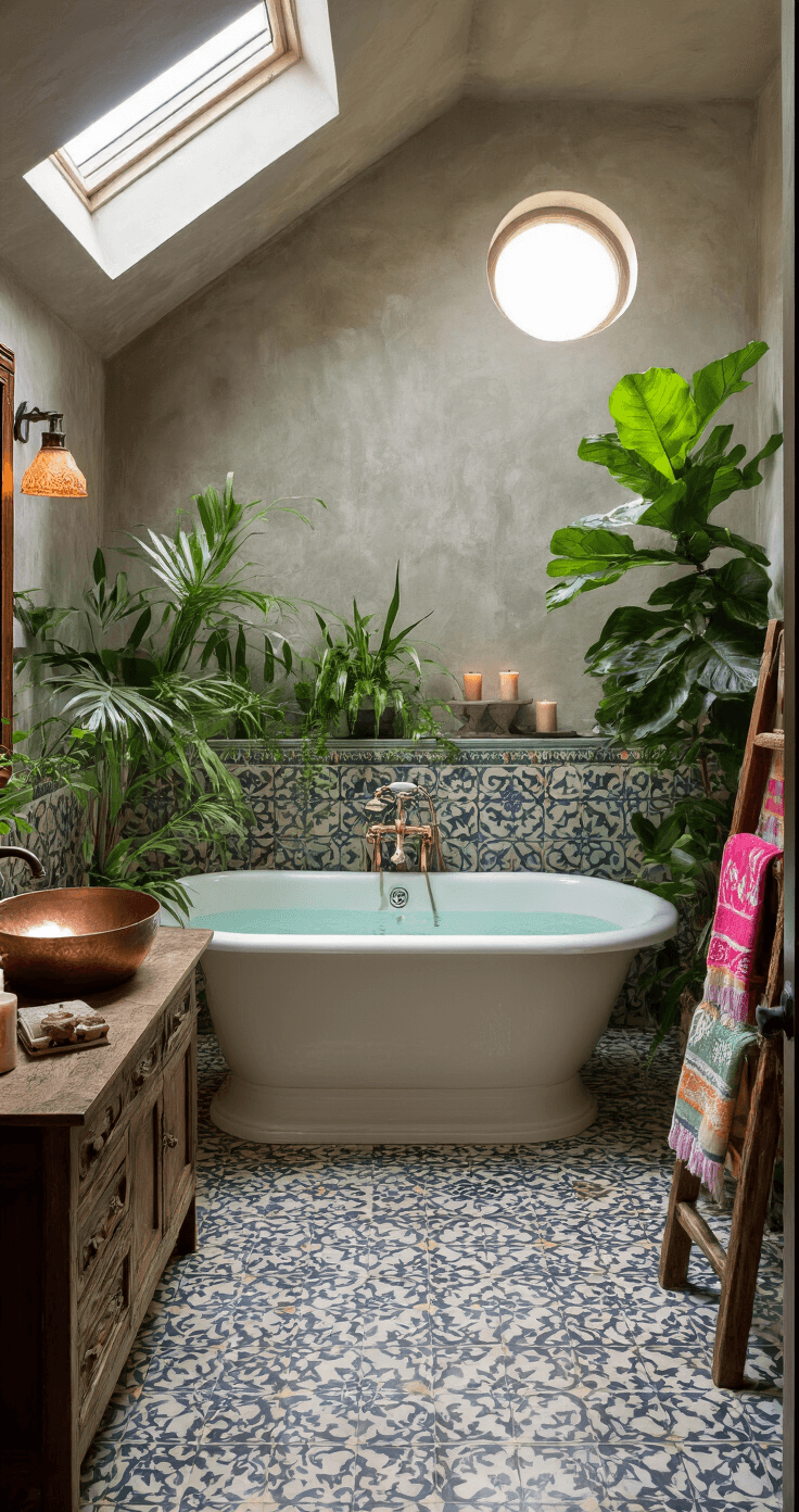 A luxurious 14x16 ft master bathroom featuring a freestanding clawfoot tub, Moroccan-inspired cement tiles, a carved wooden vanity with hammered copper sinks, and lush plants, illuminated by moonlight through a skylight.