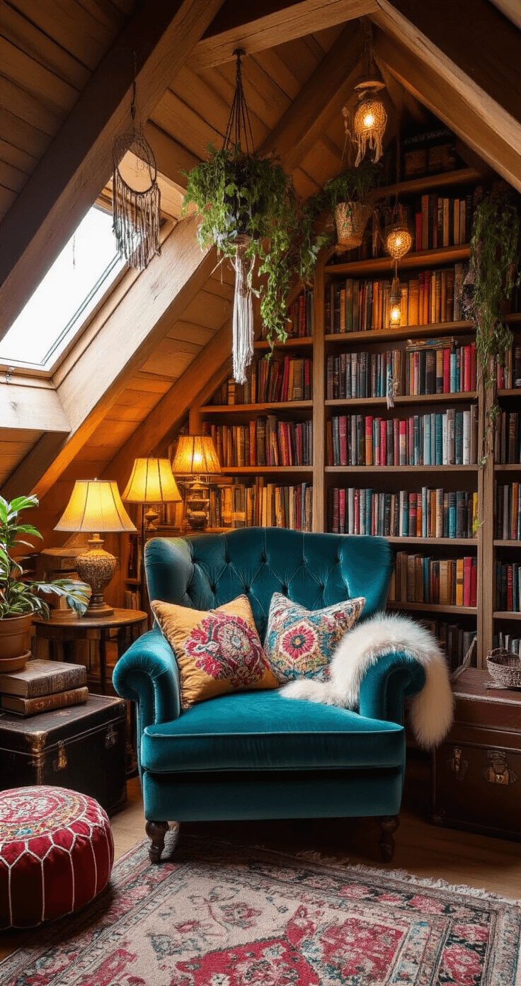 Cozy reading nook in a converted attic with exposed beams, featuring a plush teal armchair with pillows and a faux fur throw, warm light from mismatched lamps, a towering bookshelf, a Moroccan pouf, and hanging plants.