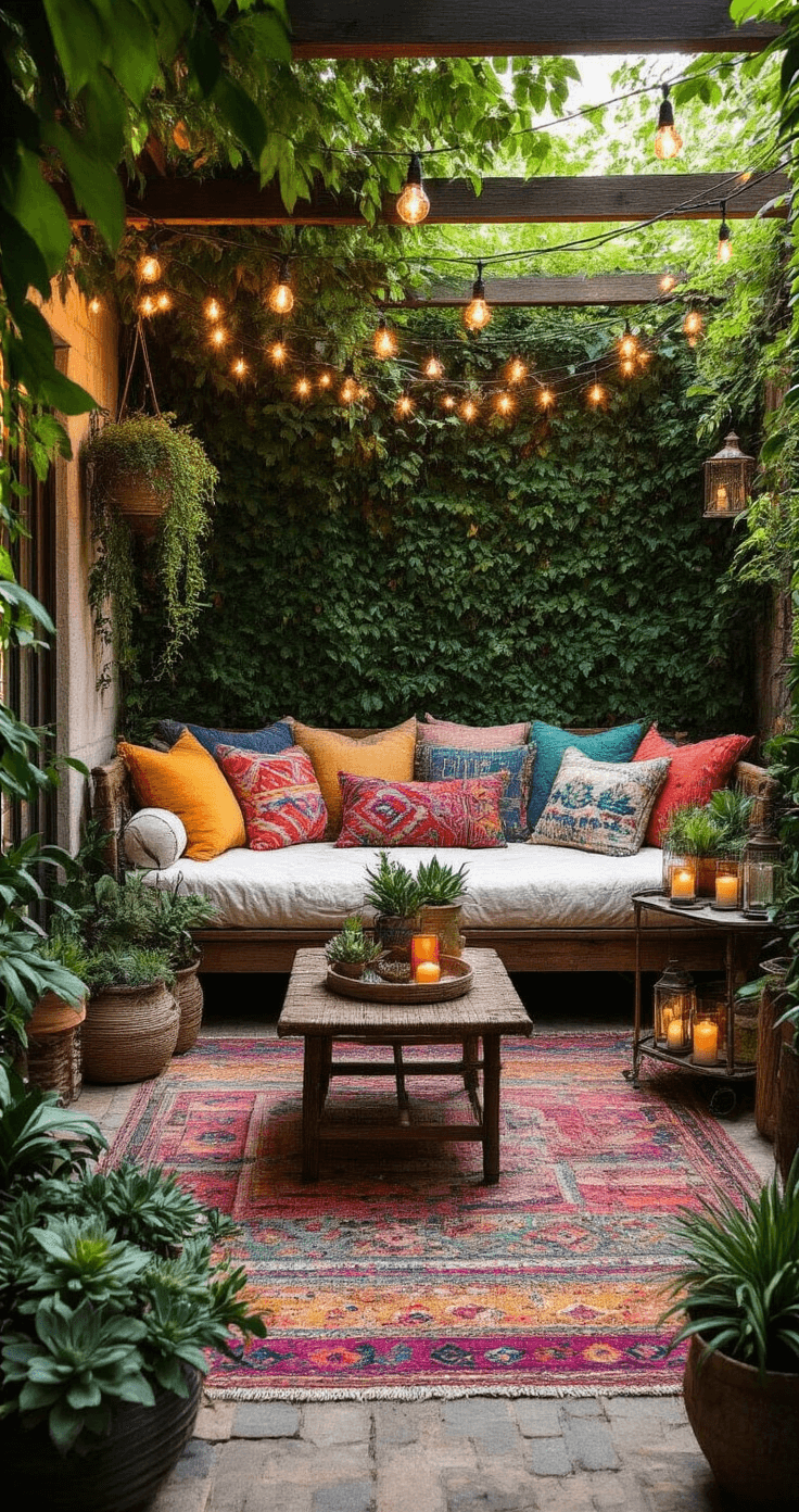 A vibrant bohemian-inspired outdoor patio featuring a central daybed with patterned cushions, surrounded by lush greenery, colorful rugs, string lights, mismatched planters, and a vintage bar cart, all illuminated by a magical sunset glow.