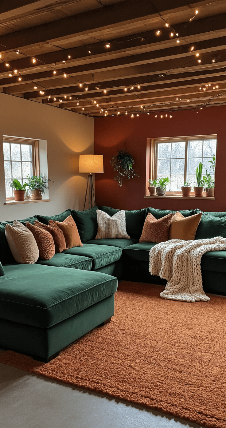 Cozy basement living room with exposed wooden beams, featuring a large L-shaped green velvet sectional, earthy throw pillows, a chunky knit blanket, warm LED string lights, and a plush caramel area rug, all under late afternoon sunlight filtering through small windows.